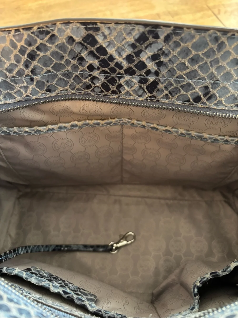 Michael Kors Snake-Embossed Jeweled Studded “Selma” Bag in Gray